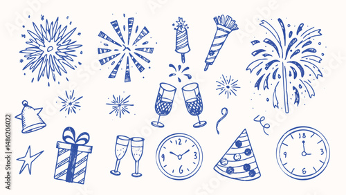 Hand drawn New Year s celebration elements festive doodles confetti and celebratory graphics for holiday designs