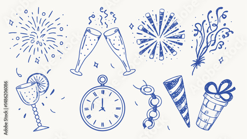 Hand drawn New Year s celebration elements festive doodles confetti and celebratory graphics for holiday designs
