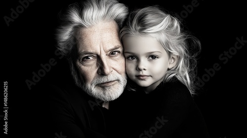 Elderly man and young girl are posing together closely against a dark background in a studio photograph.