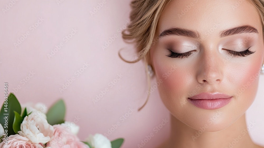 custom made wallpaper toronto digitalElegant bride poses with closed eyes against a soft pink background, presenting a bouquet of delicate flowers.