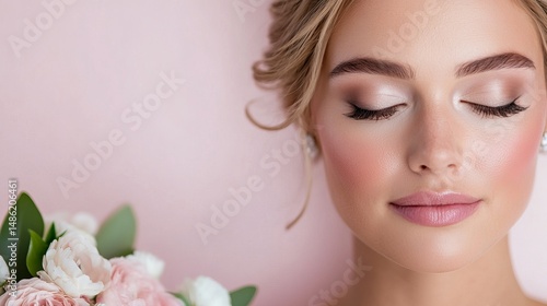 Wallpaper Mural Elegant bride poses with closed eyes against a soft pink background, presenting a bouquet of delicate flowers. Torontodigital.ca