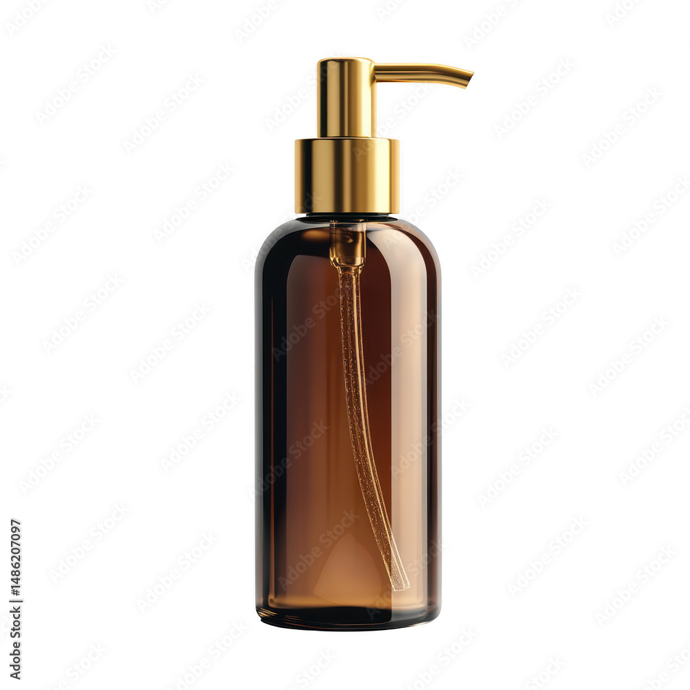 Brown glass bottle with golden pump isolated on transparent background Brown glass bottle with golden pump isolated on transparent background