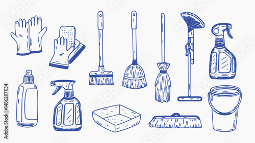 Hand drawn set of cleaning tools for home care including brushes sponges and mops perfect for cleaning illustrations and home decor designs