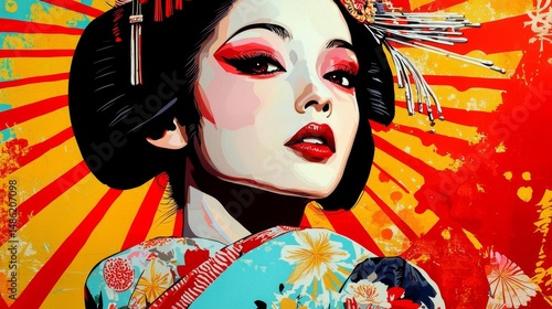 A colorful depiction of a geisha showcasing traditional attire in a modern pop art style.