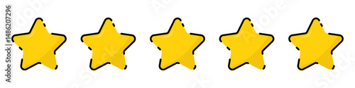 Five gold star rating. Satisfaction Rating and Leaving Positive Review. Online feedback reputation quality customer review. Review and rate us stars, business concept for apps and websites. Rate us