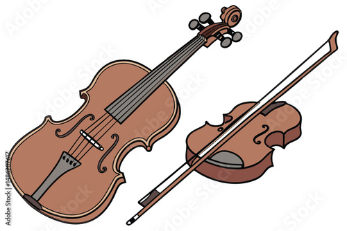 131 violin, cello, string instruments, musical instruments, woodgrain finish, detailed rendering, highly realistic, studio lighting, seamless background, photorealistic