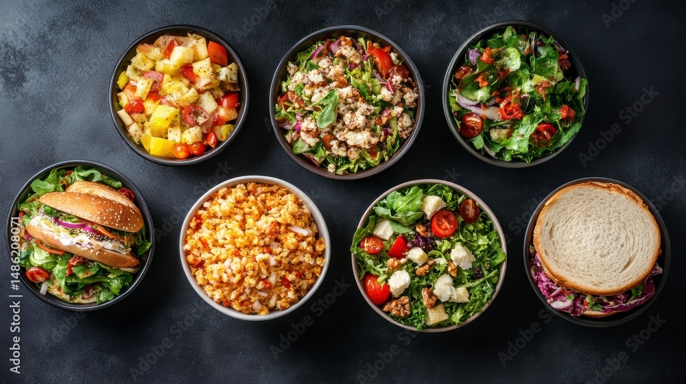 Overhead view of various healthy meal options in bowls, including salads, pasta, and sandwiches. Overhead view of various healthy meal options in bowls, including salads, pasta, and sandwiches.