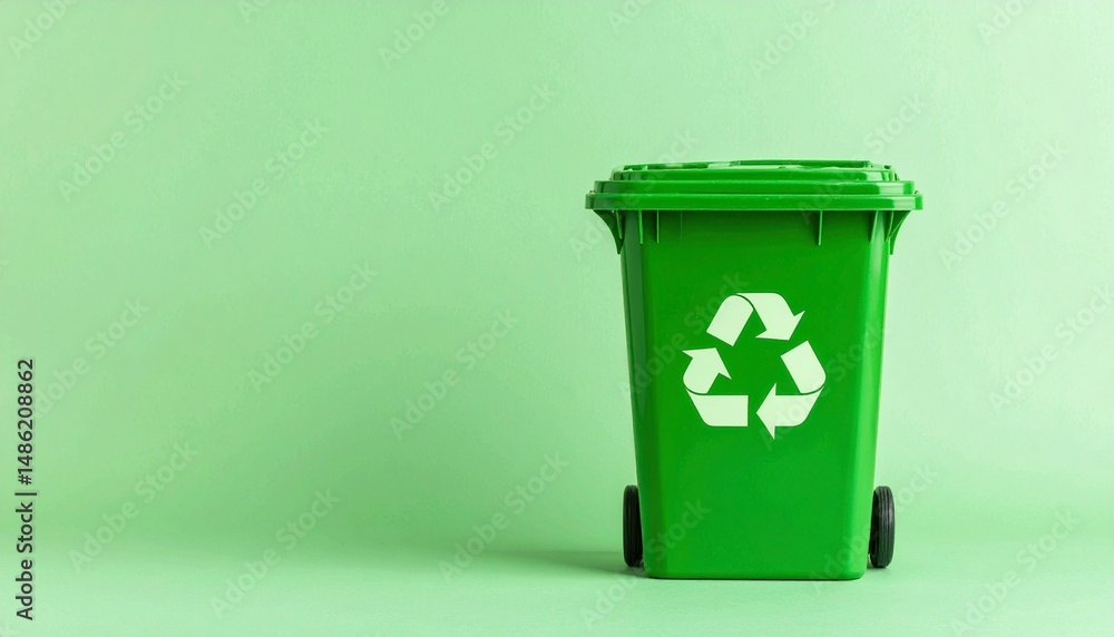 Photo of a green trash can with a recycling logo on a plain pastel green background Photo of a green trash can with a recycling logo on a plain pastel green background