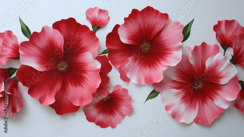 A beautiful display of large vibrant red and pink flower blossoms with detailed centers and green leaves creates an elegant and cheerful floral arrangement.