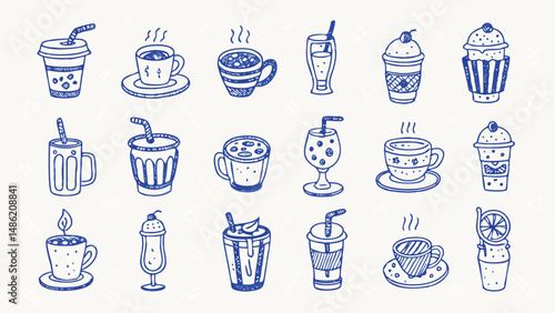 Hand drawn cafe and bar menu drink icons coffee cocktails beer and more
