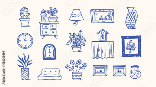 Hand drawn collection of everyday home elements and decor items perfect for scrapbooking cards and home decor projects
