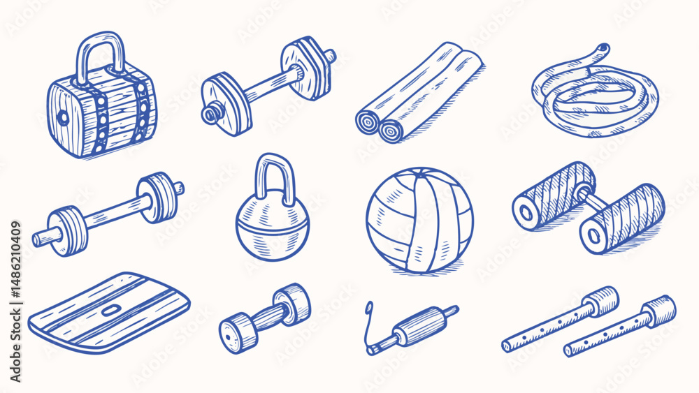Hand drawn Fitness Equipment and Gym Gear Illustrations Weights Dumbbells Barbells and More Hand drawn Fitness Equipment and Gym Gear Illustrations Weights Dumbbells Barbells and More