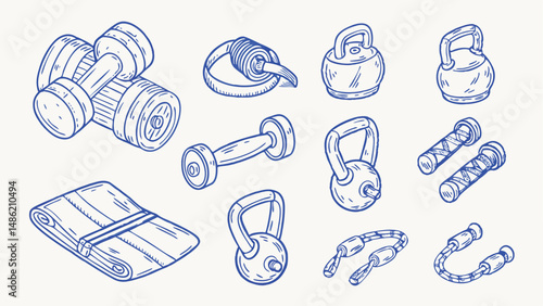 Hand drawn fitness equipment and gym accessories weights dumbbells barbells and more perfect for gym branding and fitness designs