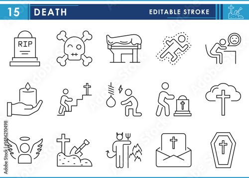 A set of line icons related to Death. Tombstone, murder, suicide, heaven, hell, angel, bury, coffin, and so on. Vector editable stroke.