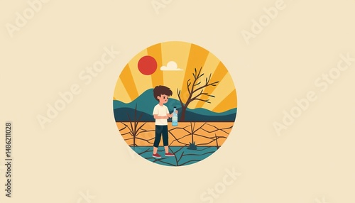 A child holds a water bottle standing on cracked earth in a dry desert landscape under a hot sun, illustrating drought and water scarcity issues related to climate change for environmental awareness.