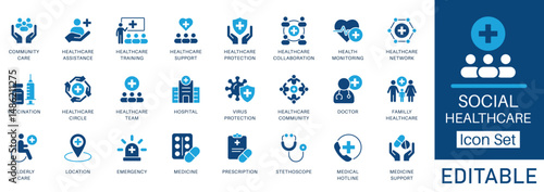 Social Healthcare flat icon set featuring editable vector icons illustrating public health concepts like vaccination, prevention, care, medicine, and community support.