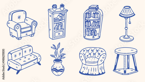 Hand drawn Home Furniture Collection Chairs Tables Sofas and Decorative Elements for Interior Design Projects