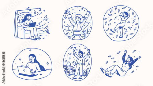 Hand drawn illustrations of people engaged in everyday activities showcasing diverse characters and scenarios