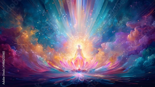 An ethereal visualization of meditation, featuring a central figure in a lotus position, enveloped by a radiant light and a vibrant, multi-hued, celestial aura