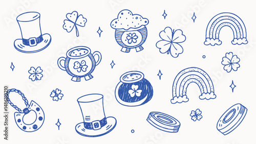 Hand drawn Irish themed design elements for St Patrick s Day including shamrocks leprechauns and Celtic knots perfect for holiday cards and festive decorations