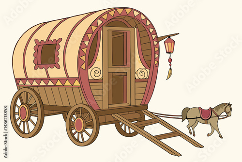 134 gypsy caravan, ornate wooden wagon, horse-drawn carriage, vintage traveling wagon, colorful boho style, fantasy illustration, detailed digital painting, vibrant colors, warm lighting, whimsical de