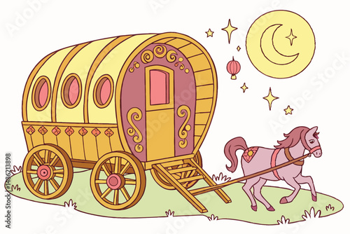 134 gypsy caravan, ornate wooden wagon, horse-drawn carriage, vintage traveling wagon, colorful boho style, fantasy illustration, detailed digital painting, vibrant colors, warm lighting, whimsical de