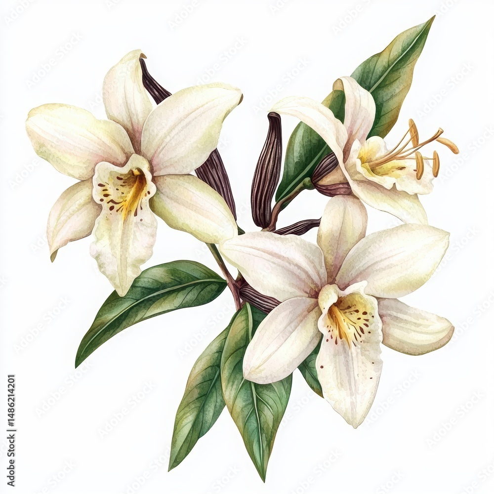 Fototapeta premium Elegant White Orchid Flower Illustration with Green Leaves Design