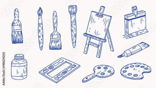 Hand drawn set of painting tools and art supplies for studios perfect for artists and designers
