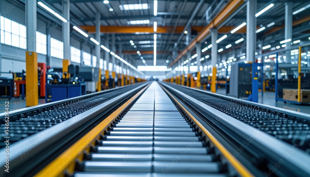 Fototapeta premium High-Tech Warehouse with Conveyor Belts at Dusk Without People