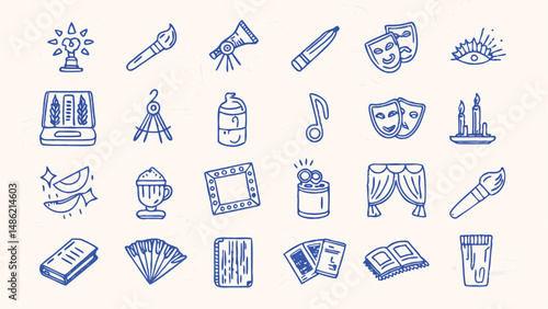 Hand drawn icons set depicting performance craft and various activities ideal for design projects needing a handcrafted aesthetic