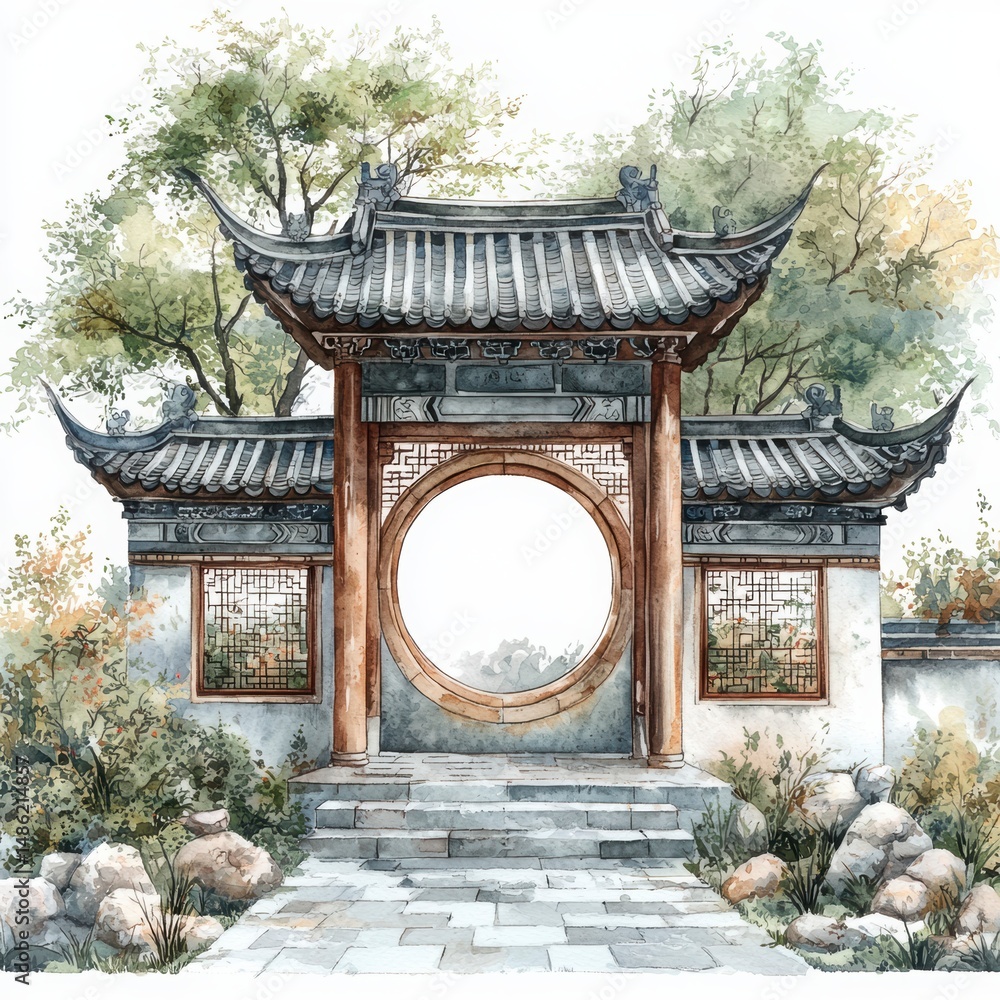 Obraz premium Traditional Asian Garden Architecture with Circular Gate and Trees