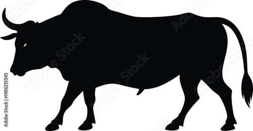 A powerful bull silhouette strides forward with unwavering strength and determination on a white background