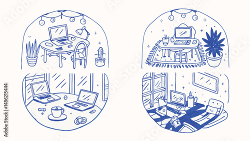 Hand drawn illustrations depicting remote work scenes for freelancers ideal for websites blogs or presentations