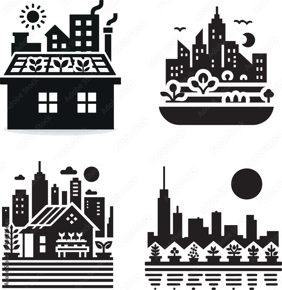 Obraz premium Urban Rooftop Garden Icons – Black and White Vector Set of Sustainable City Farming Illustrations
