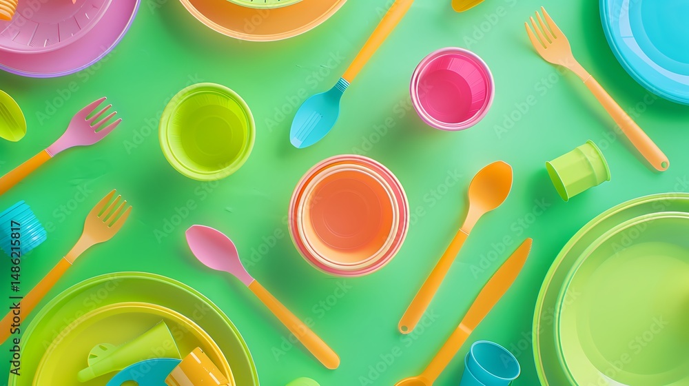Vibrant top view of colorful plastic tableware on green background, flat lay composition with diagonal arrangement Vibrant top view of colorful plastic tableware on green background, flat lay composition with diagonal arrangement