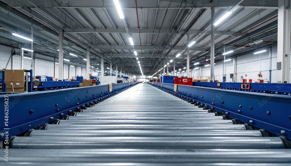 Naklejka premium Wide-Angle View of Industrial Warehouse Conveyor System Under Lights