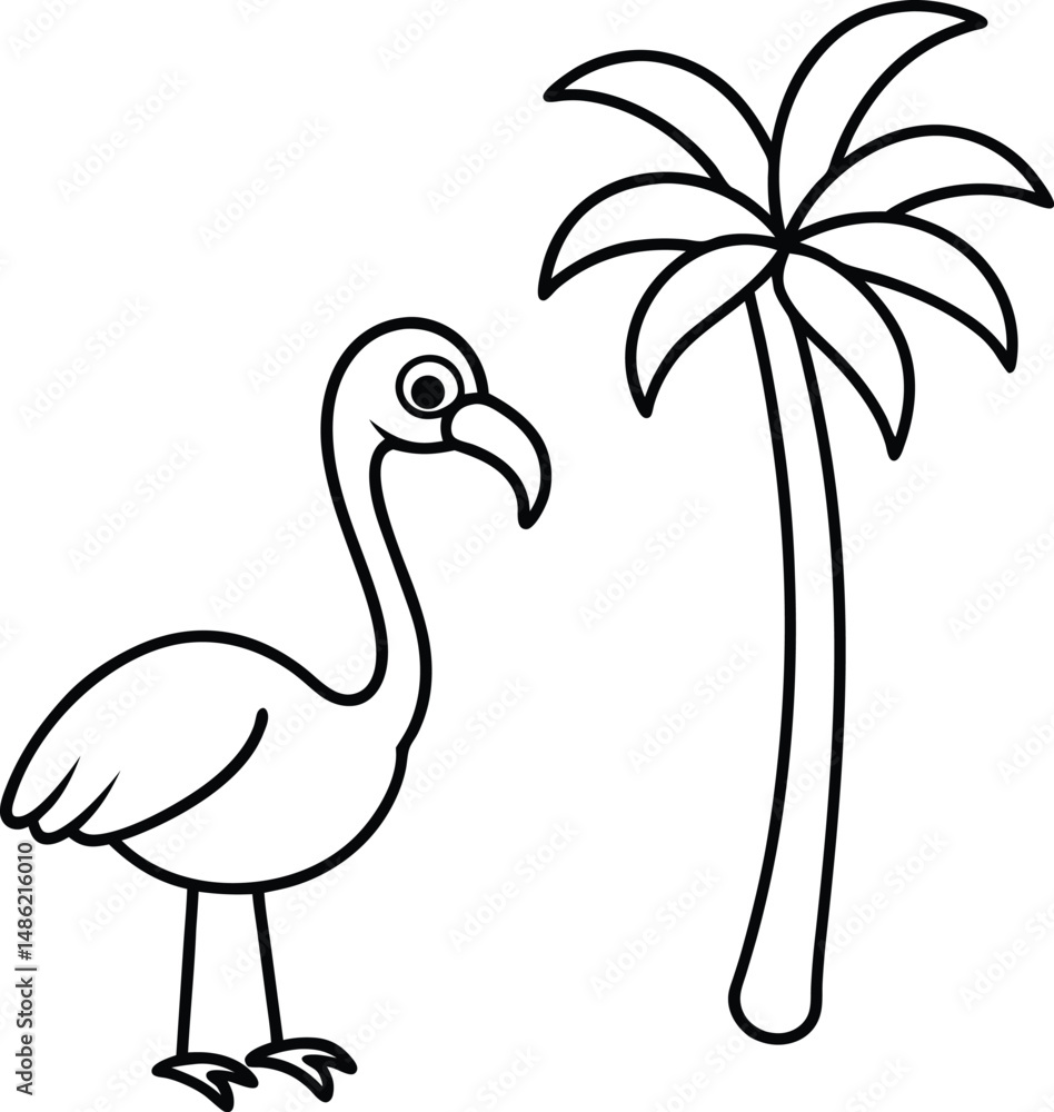 Obraz premium Black and White Flamingo and Palm Tree Illustration for Coloring