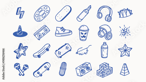 Hand drawn street culture icons a collection of youthful designs for apparel stickers and social media graphics