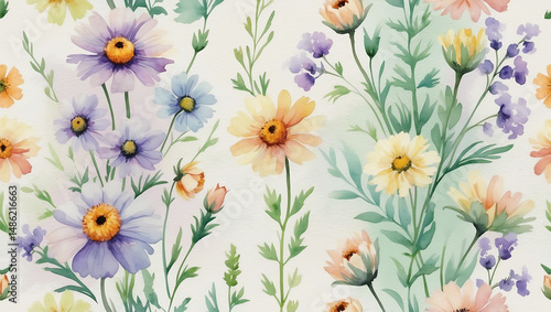  This watercolor painting showcases a seamless pattern of various wildflowers, featuring soft hues of purple, yellow, orange, and green.