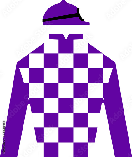 Fotografía White and purple checkered jockey racing jersey garment with helmet and goggles