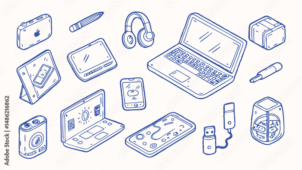Hand Drawn Set of Tech Gadgets and Digital Creative Tools Icons and Illustrations Hand Drawn Set of Tech Gadgets and Digital Creative Tools Icons and Illustrations