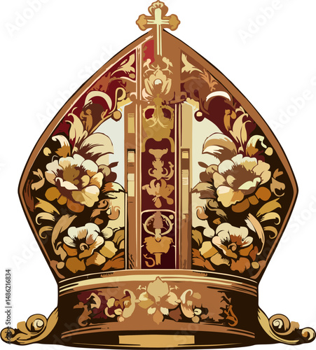 Luxurious Baroque Papal Mitre Vector with Gold Floral Embellishment and Cross – Ornate Bishop Hat Illustration for Religious and Catholic Designs