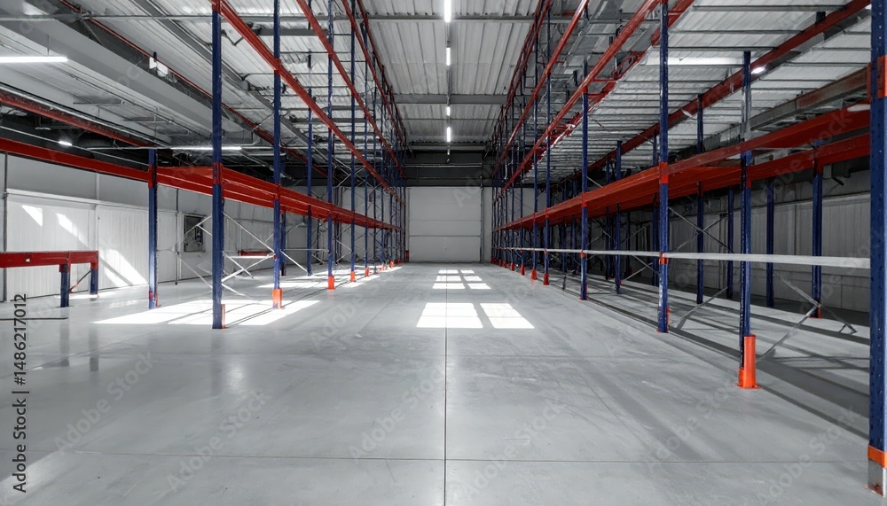 Obraz premium Industrial Cold Storage Space with Shelving Units and Dramatic Shadows