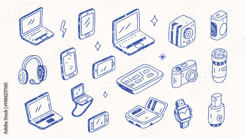 Hand drawn illustrations of technological gadgets and digital devices for creative projects