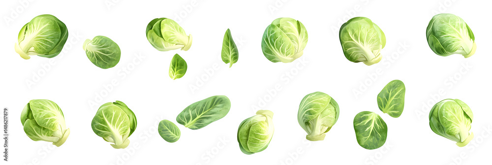 Fototapeta premium Artistic arrangement of fresh brussels sprouts and delicate leaves on black background