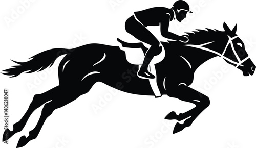 A silhouetted jockey with a helmet skillfully rides a horse midair in monochrome
