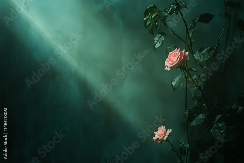 A serene scene with two pink roses on a vine, illuminated by a soft beam of light against a dark, moody background.