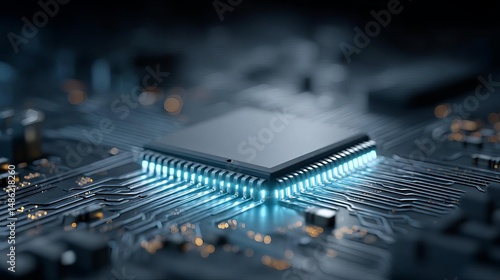 Close-up of a computer microchip and circuit board. Industrial IoT and Cloud AI