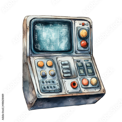 Space Station Control Panel, watercolor illustration vector, high quality, isolated on a white background.