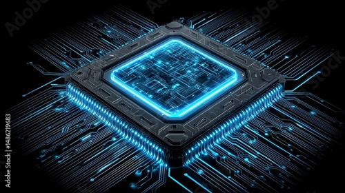 Futuristic microchip with glowing circuits Industrial IoT and Cloud AI